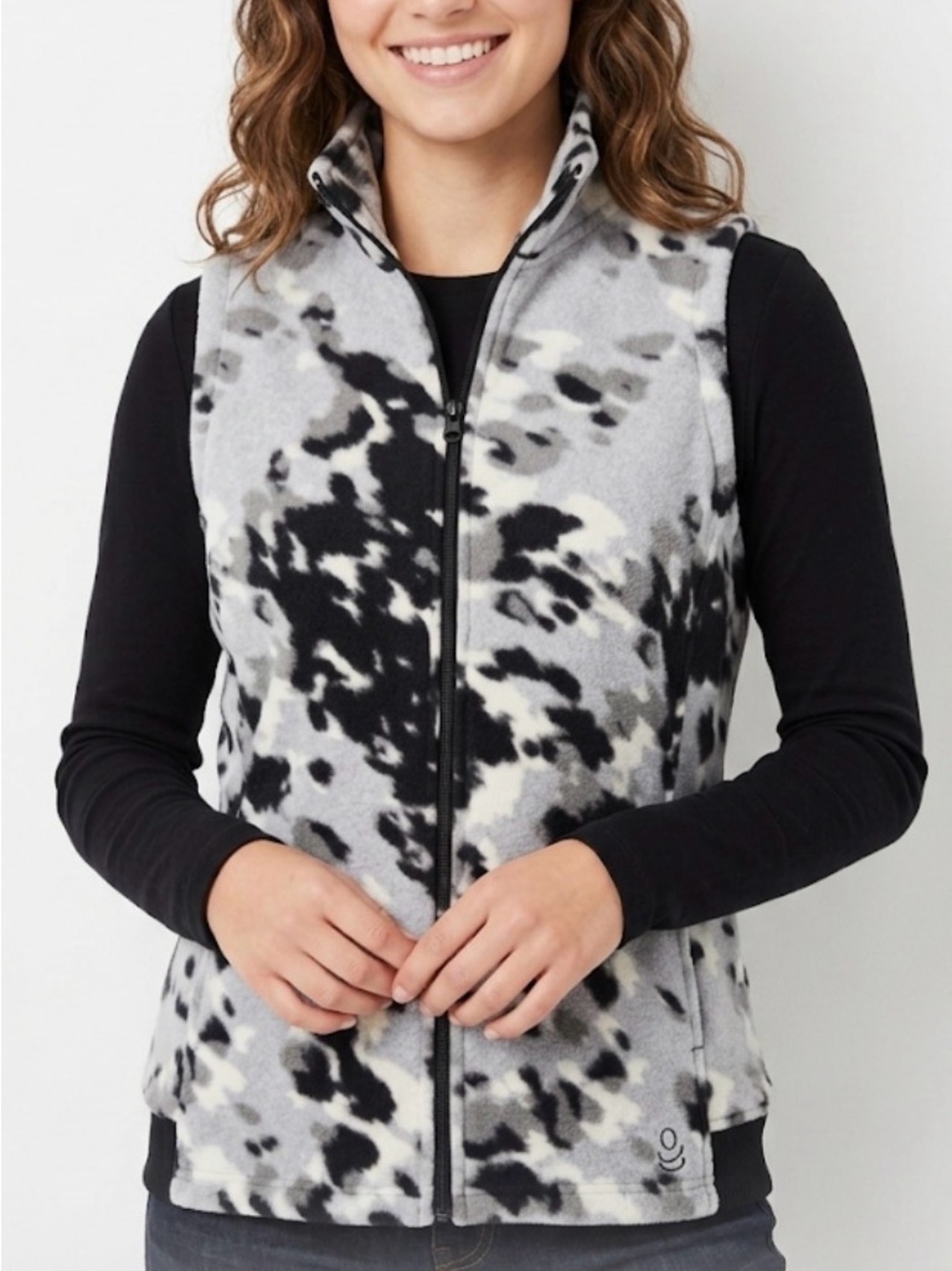 Cuddl Duds Fleecewear with Stretch Mock Neck Vest  Black White Abstract Print M